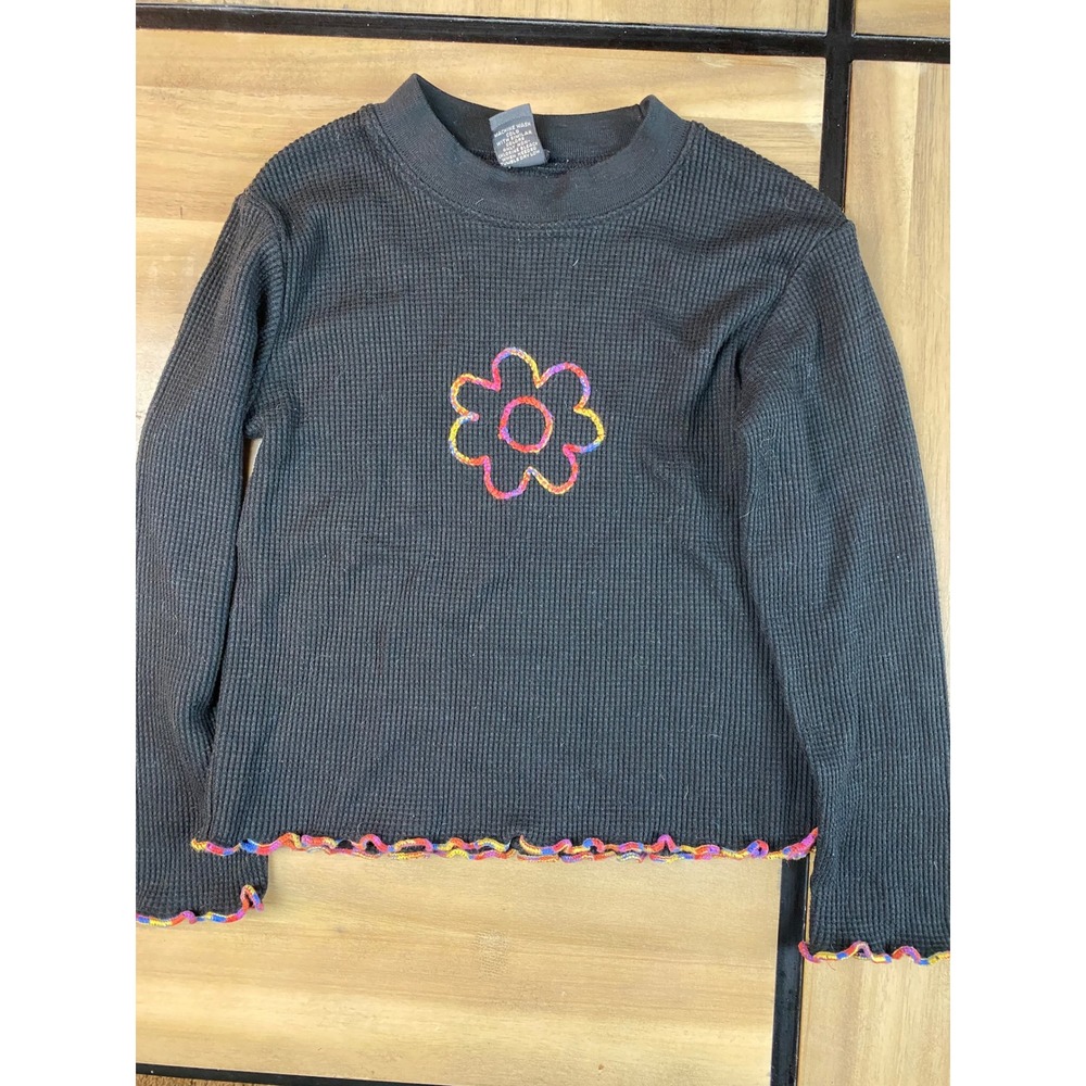 Copper Key Kids Black Waffle‎ Knit Long Sleeve Top with Flower Applique